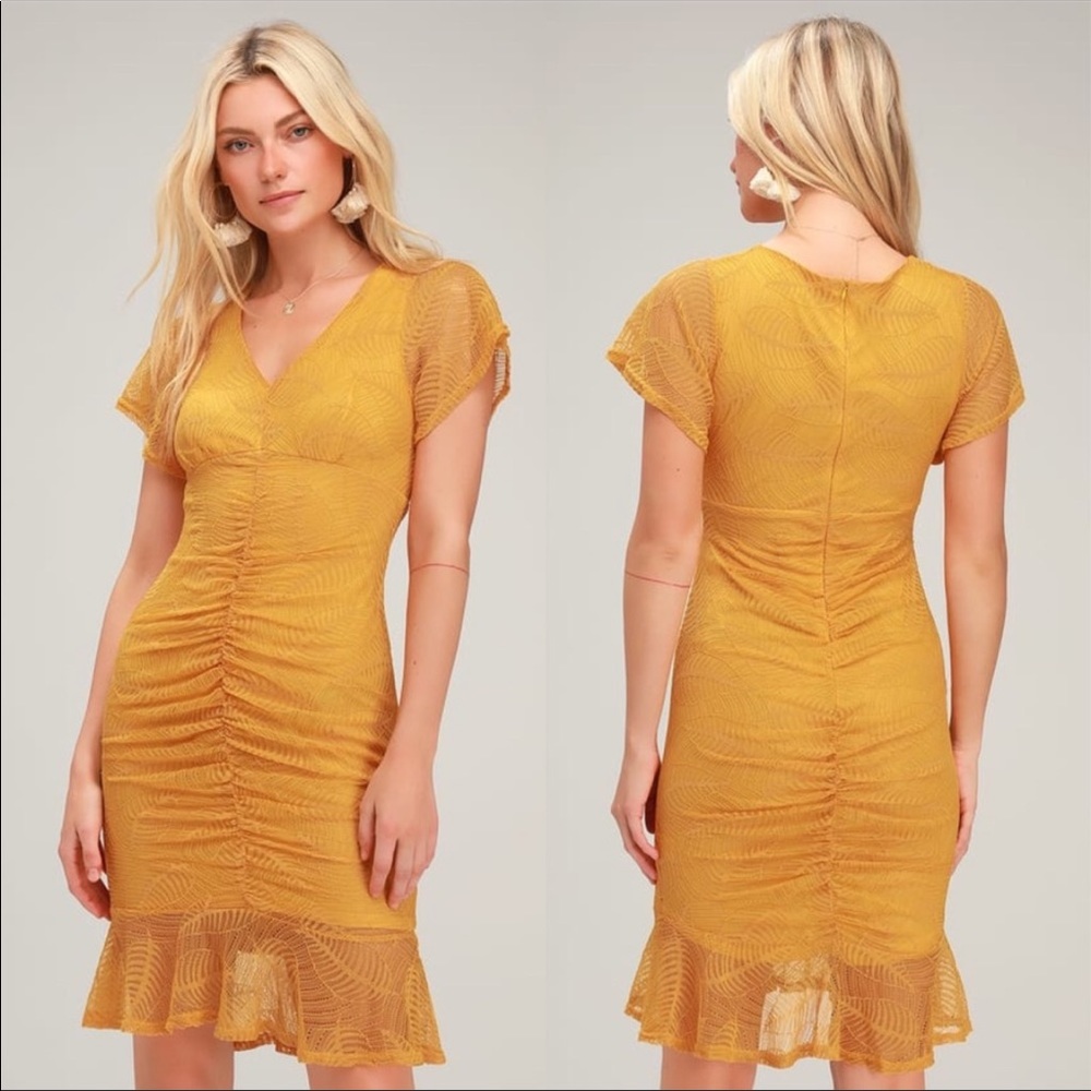 Mustard Lulus lace cocktail dress